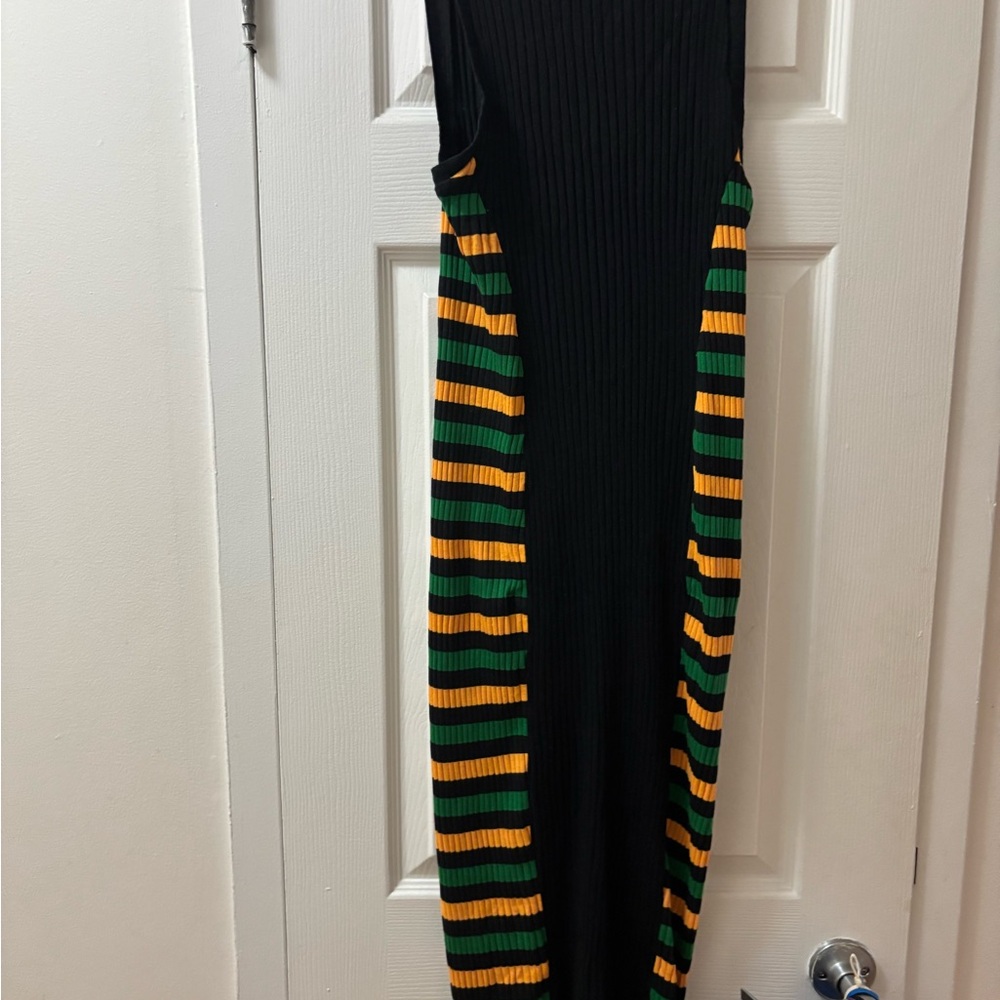 Zara Black Dress with Green and Yellow Stripes